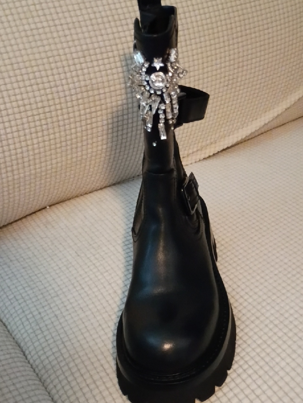 Free People Black Leather Nan- Ku Couture Chunky Boot with Crystal Embellishment